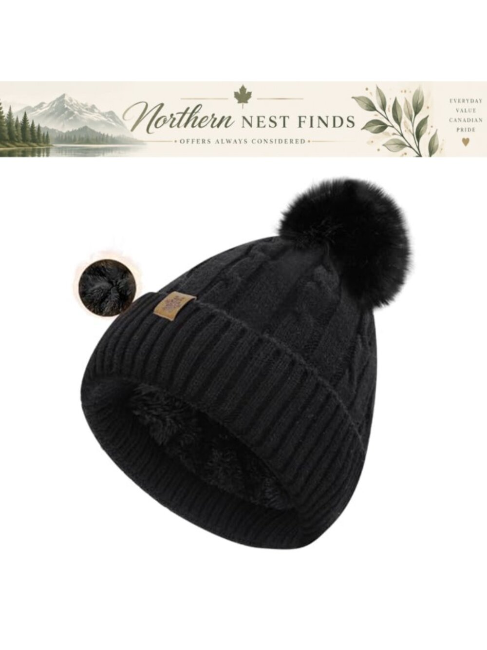 Cable Knit Beanie with Faux Fur Pom Pom Fleece Lined Winter Hat